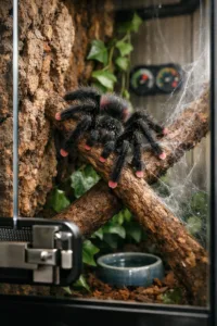 Close-up pink toed tarantula perched on a branch amid cork bark, webs, foliage, and a secure terrarium latch.