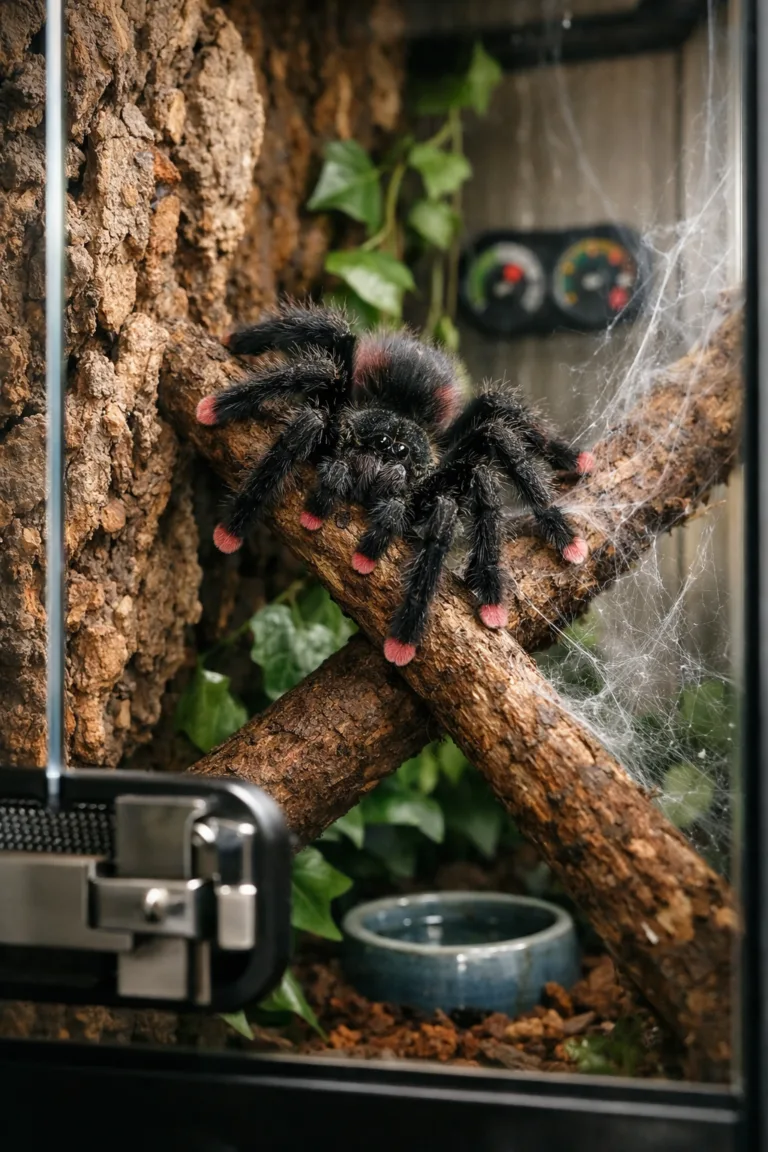 Close-up pink toed tarantula perched on a branch amid cork bark, webs, foliage, and a secure terrarium latch.