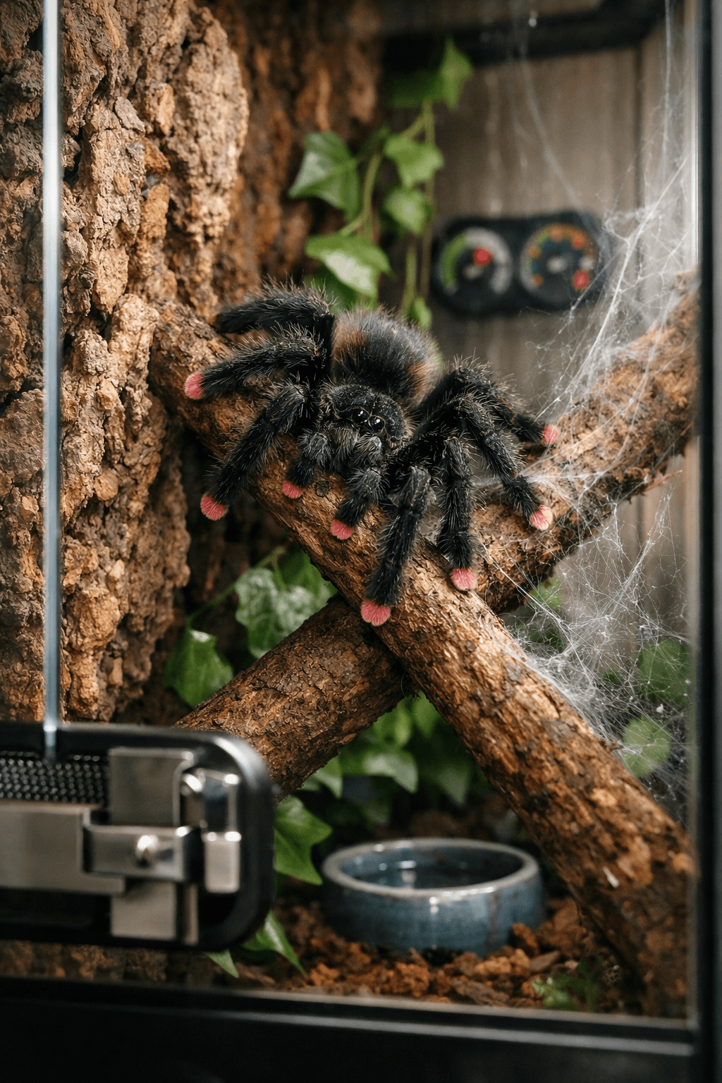 Close-up pink toed tarantula perched on a branch amid cork bark, webs, foliage, and a secure terrarium latch.