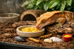 Crested gecko near fruit diet, crickets, roach, worms, calcium, and water in a terrariumu2014what does a gecko eat?