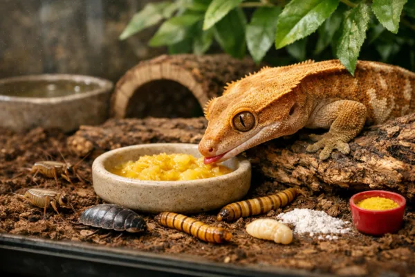 Crested gecko near fruit diet, crickets, roach, worms, calcium, and water in a terrariumu2014what does a gecko eat?