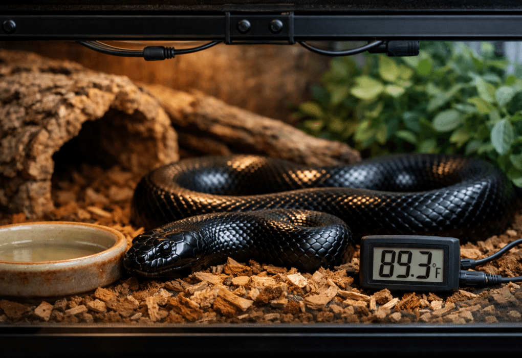 Mexican black kingsnake resting in an S-curve inside a warm-to-cool terrarium beside a water dish and digital thermometer.