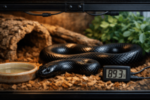 Mexican black kingsnake resting in an S-curve inside a warm-to-cool terrarium beside a water dish and digital thermometer.