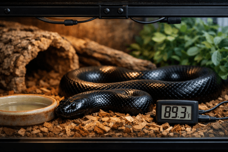 Mexican black kingsnake resting in an S-curve inside a warm-to-cool terrarium beside a water dish and digital thermometer.