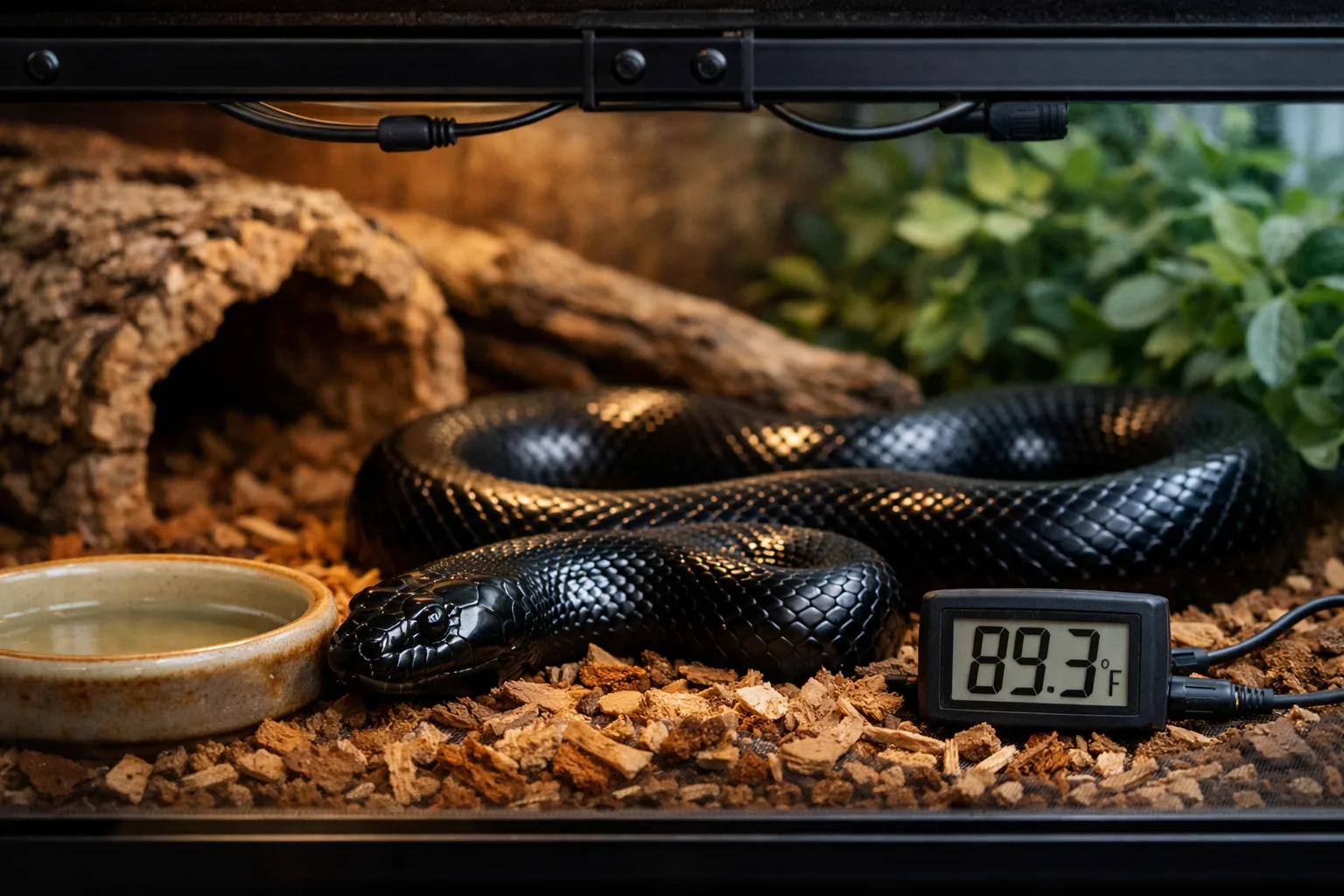 Mexican black kingsnake resting in an S-curve inside a warm-to-cool terrarium beside a water dish and digital thermometer.