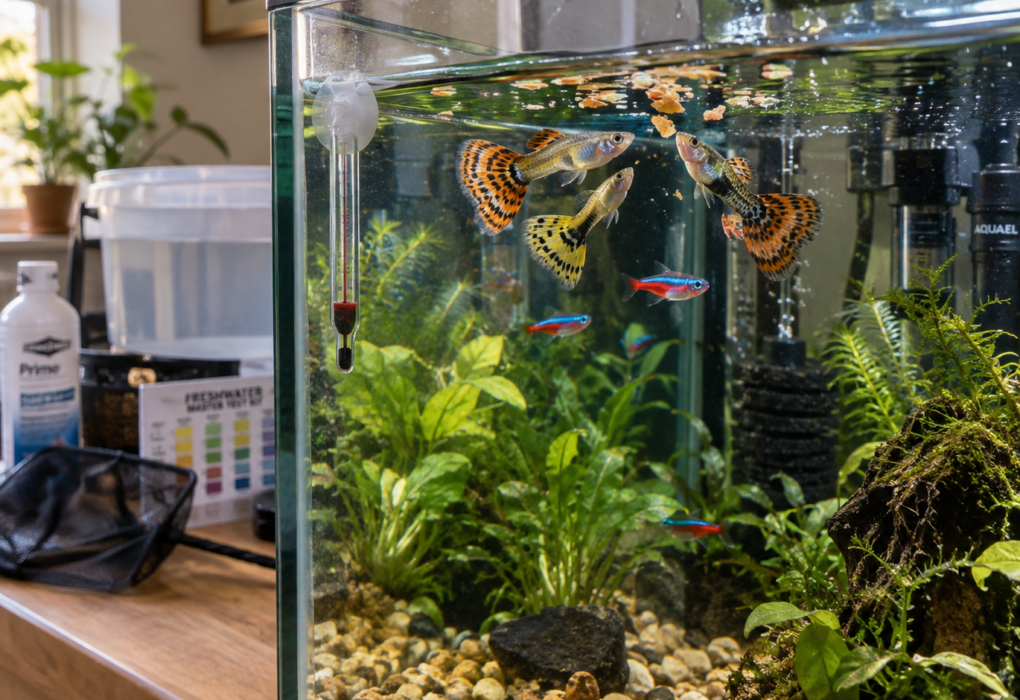 Guppies and neon tetras feed near the surface in a planted freshwater aquarium, with sweet water fish and beginner supplies visible.