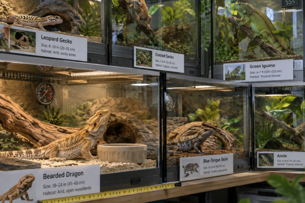 Breeds of lizards in labeled, climate-controlled terrariums, with a bearded dragon sharply focused in the foreground.