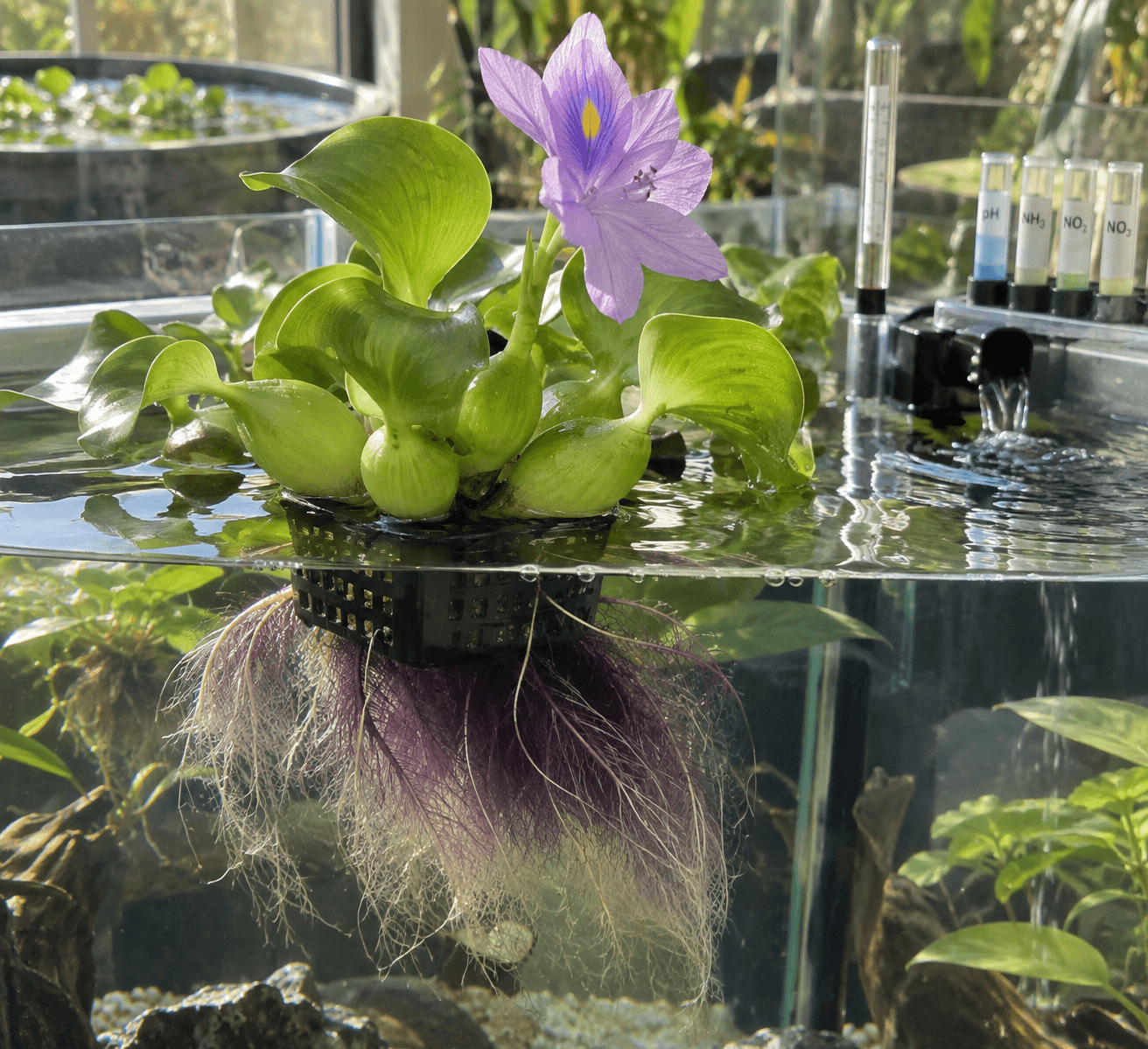 Healthy hyacinth water plant with lavender bloom and feathery roots in a clean glass paludarium.
