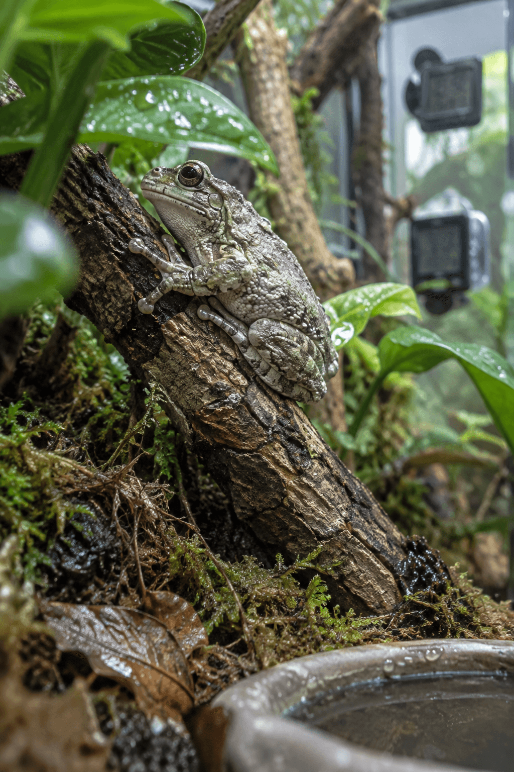 Gray frog perched on cork bark in a misted planted terrarium, with toe pads gripping the branch and blurred greenery behind.