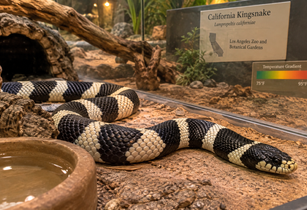 California king snake in an S-curve on tan substrate inside a Los Angeles Zoo reptile enclosure.