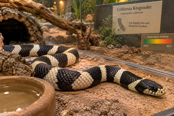 California king snake in an S-curve on tan substrate inside a Los Angeles Zoo reptile enclosure.