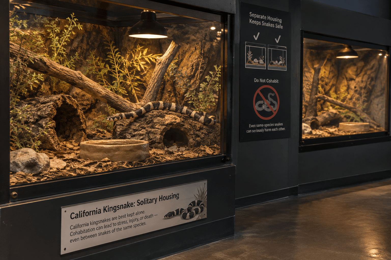 California king snake resting alone in a terrarium beside an empty enclosure, with solitary housing signage and natural habitat decor.