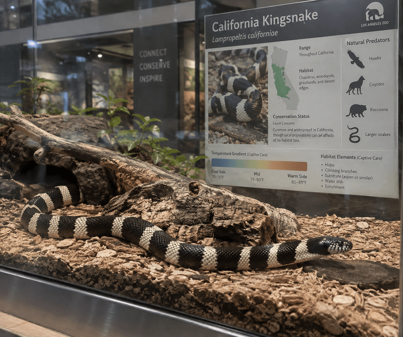 California king snake resting in a glass zoo enclosure beside cork bark and an educational habitat placard.