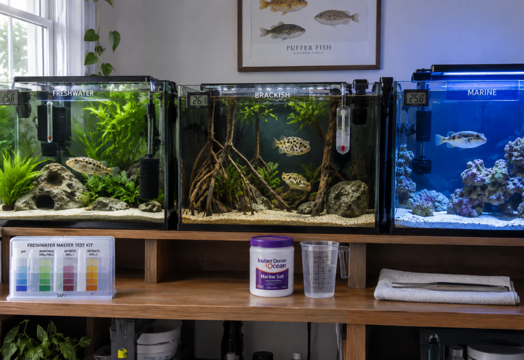 Three healthy puffer fish in distinct freshwater, brackish, and marine aquariums with plants, rocks, equipment, and clear habitats.