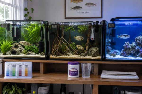 Three healthy puffer fish in distinct freshwater, brackish, and marine aquariums with plants, rocks, equipment, and clear habitats.