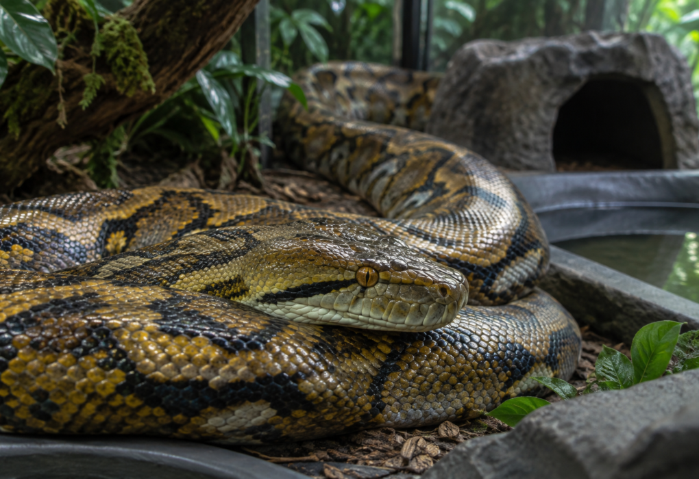 Close-up of a reticulated pythonu2019s amber-eyed head and bronze, net-patterned coils in a naturalistic enclosure.