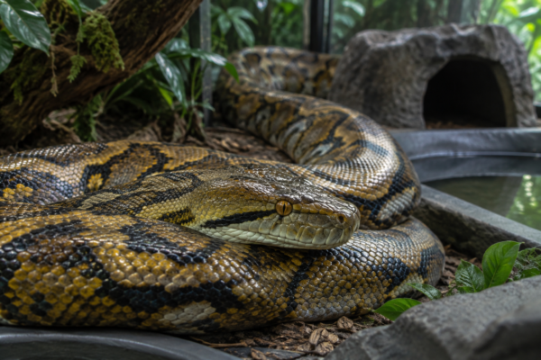 Close-up of a reticulated pythonu2019s amber-eyed head and bronze, net-patterned coils in a naturalistic enclosure.