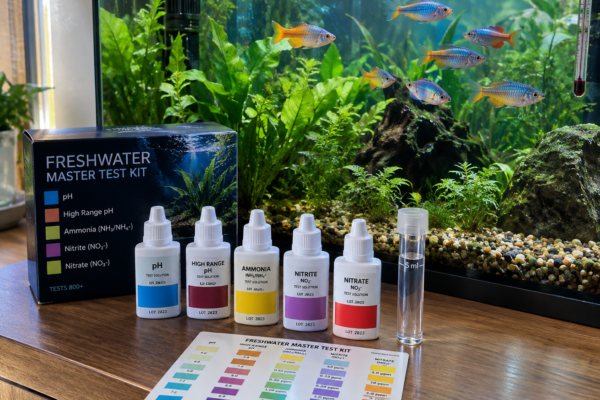 Aquarium water-test kit beside a clear, planted tank with a shoal of colorful rainbow fish swimming in gentle current.
