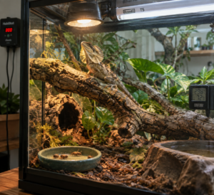Hooded lizard basking on a branch in a planted terrarium, with feeder insects, UVB lighting, and habitat monitors nearby.
