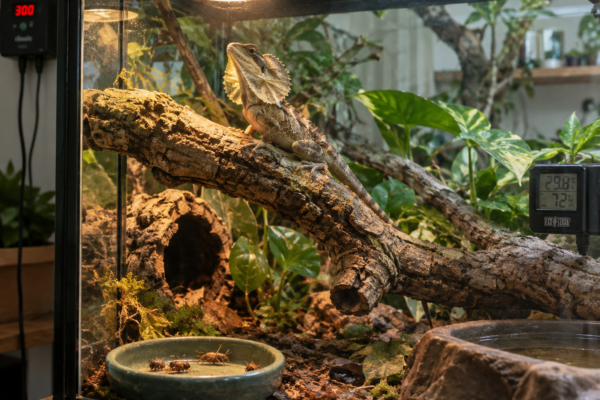 Hooded lizard basking on a branch in a planted terrarium, with feeder insects, UVB lighting, and habitat monitors nearby.