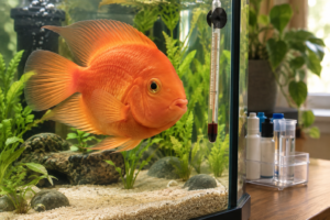 Orange parrot fish beside a glass thermometer in a planted freshwater aquarium, with a filter and water-test kit nearby.