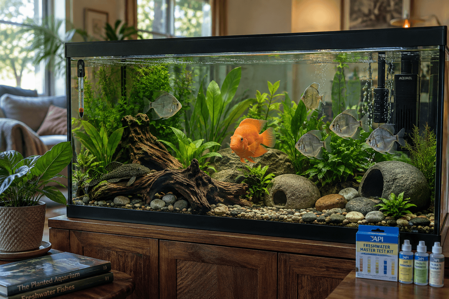 A spacious, clean home aquarium with an orange parrot fish, silver dollars, and a bristlenose pleco among plants and driftwood.