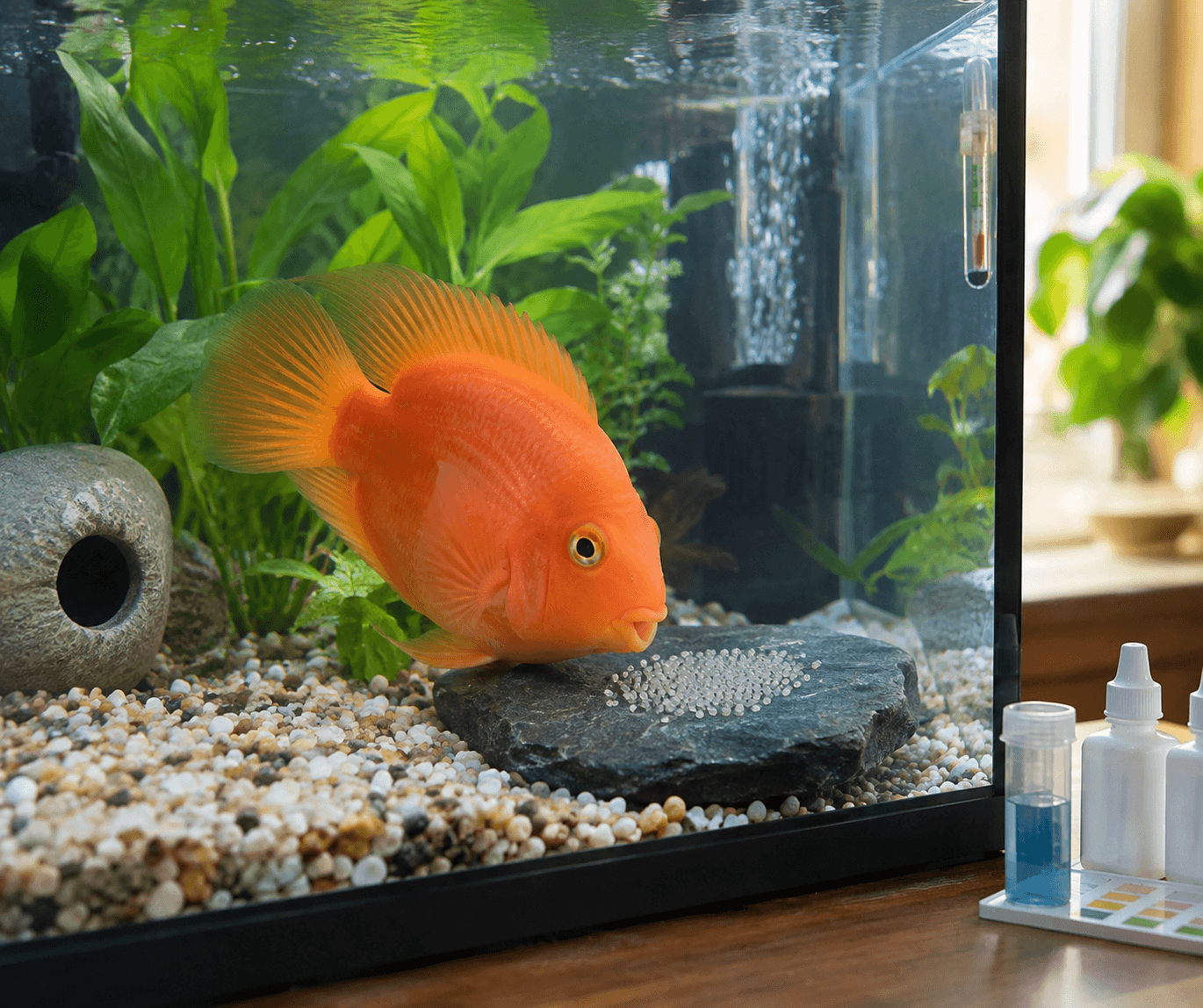 Bright orange parrot fish guards pale eggs on slate in a planted freshwater aquarium.