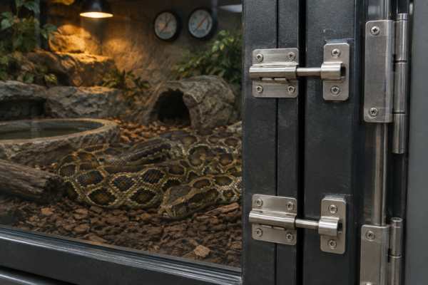 Close-up of secure enclosure door hardware, with an african rock python coiled inside a spacious, naturalistic habitat.