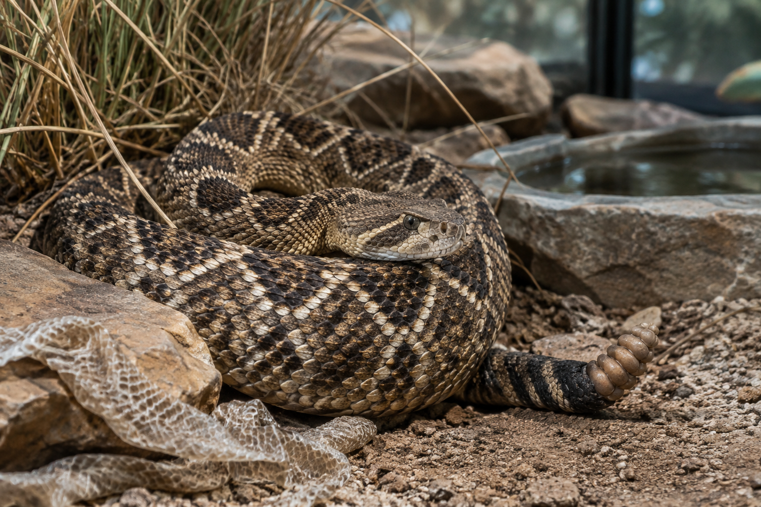 A western diamondback rattlesnake coils in a terrarium beside shed skin and sandstone, its sharp scales highlighting viperidae snakes.
