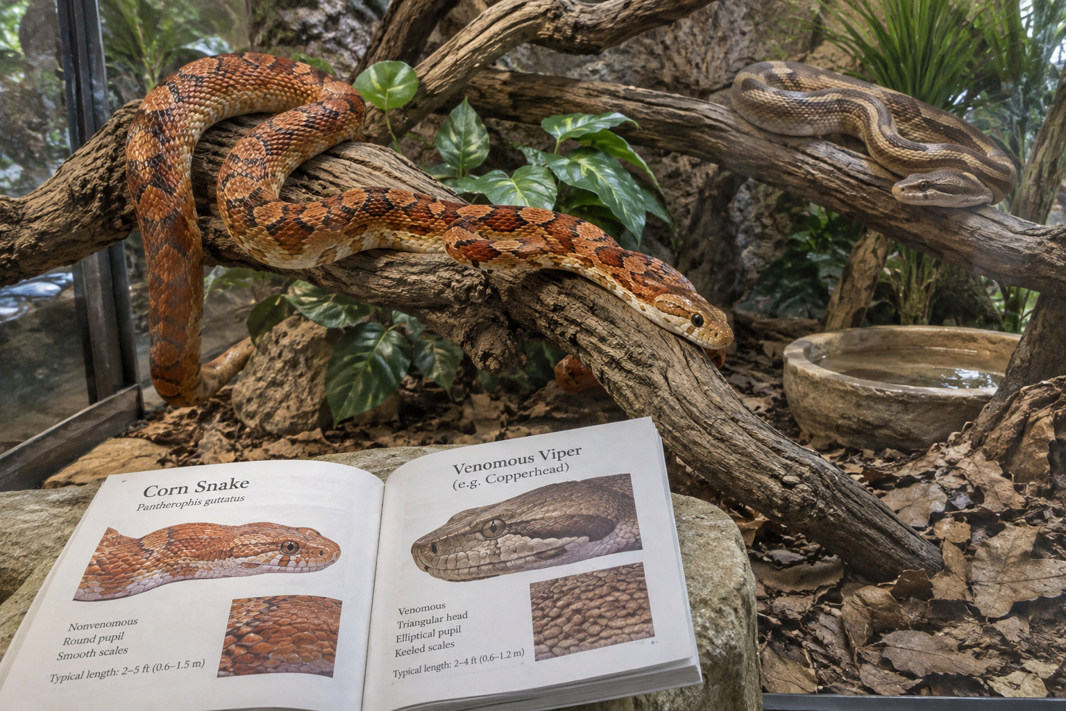 Orange-red corn snake and banded rosy boa in a naturalistic terrarium beside an open guide about viperidae snakes.