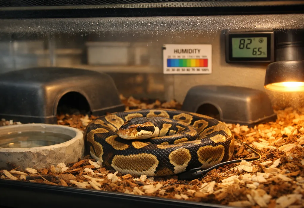 Care for ball python snakes: ball python coiled in clean terrarium with hides, water dish, and heat lamp