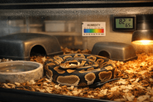 Care for ball python snakes: ball python coiled in clean terrarium with hides, water dish, and heat lamp