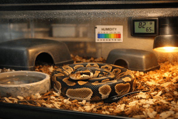Care for ball python snakes: ball python coiled in clean terrarium with hides, water dish, and heat lamp