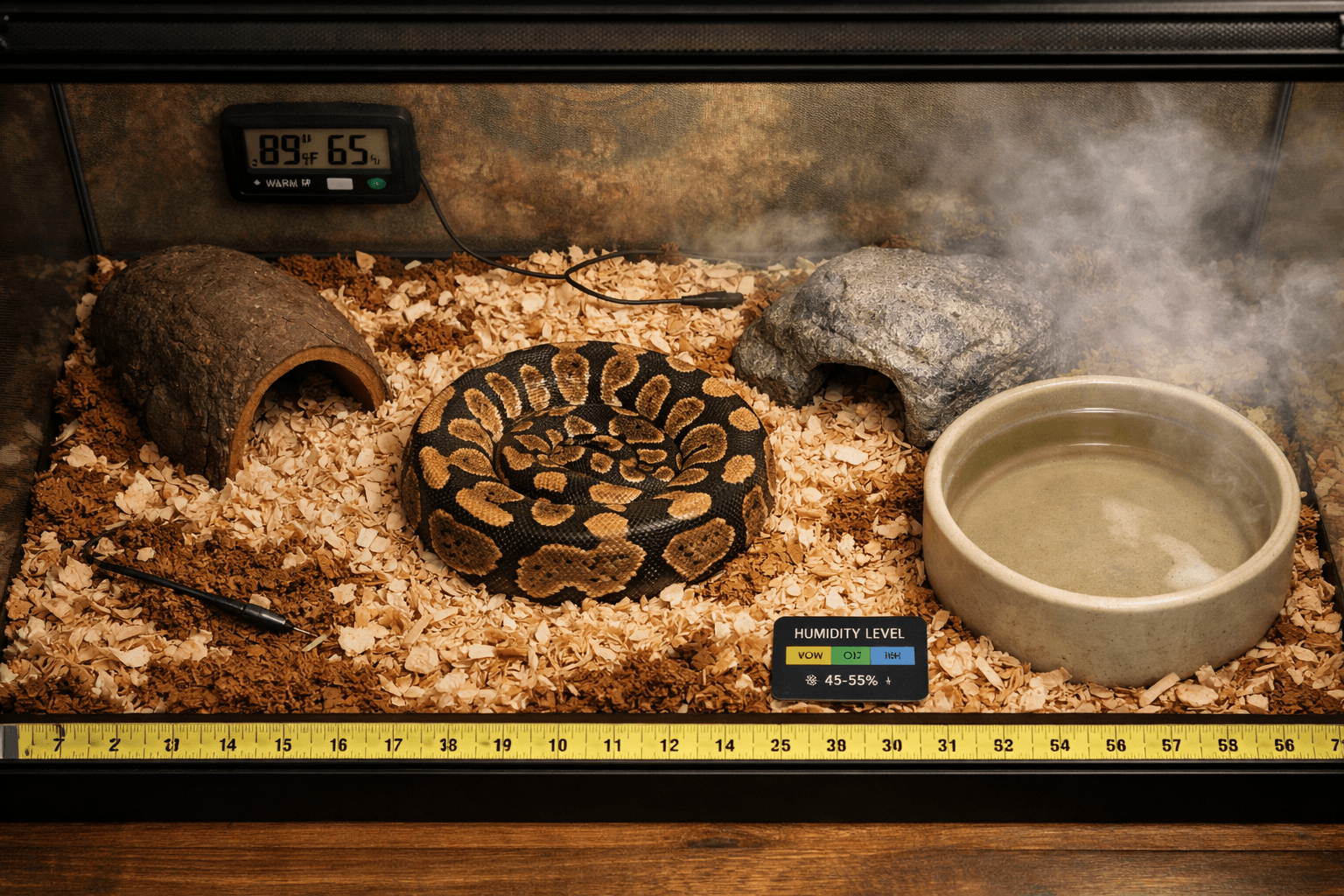 Care for ball python snakes in glass terrarium with coiled snake, hides, water dish, and gauges.
