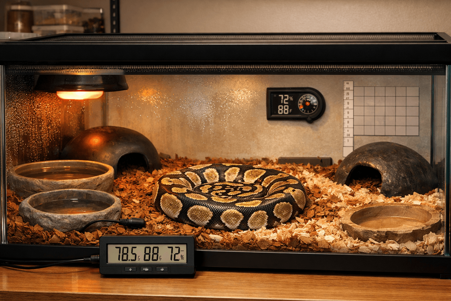 Ball python in glass terrarium with heat lamp, hides, and water dish for care for ball python snakes