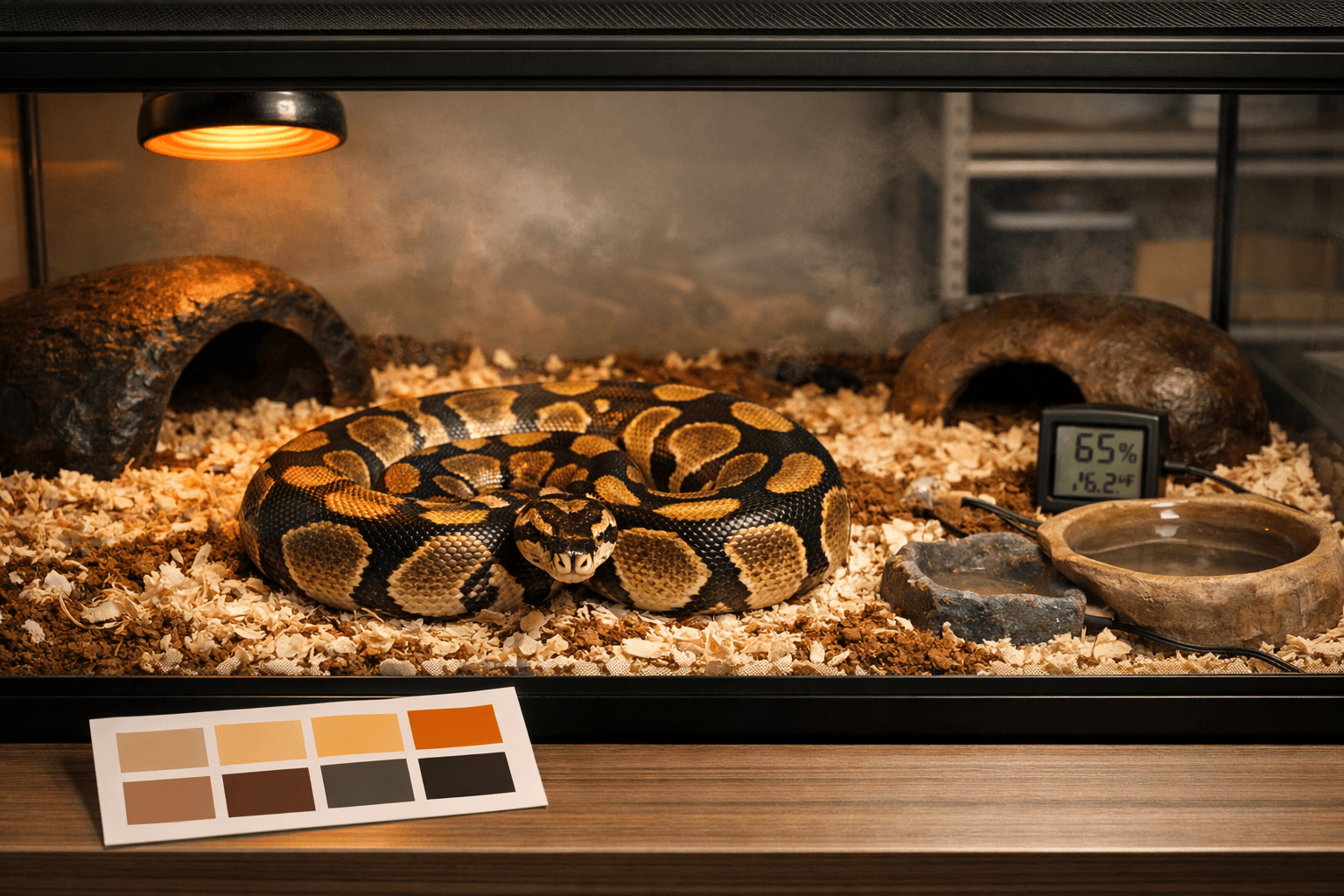 Calm ball python coiled in a glass terrarium with hides, water bowl, and care for ball python snakes setup