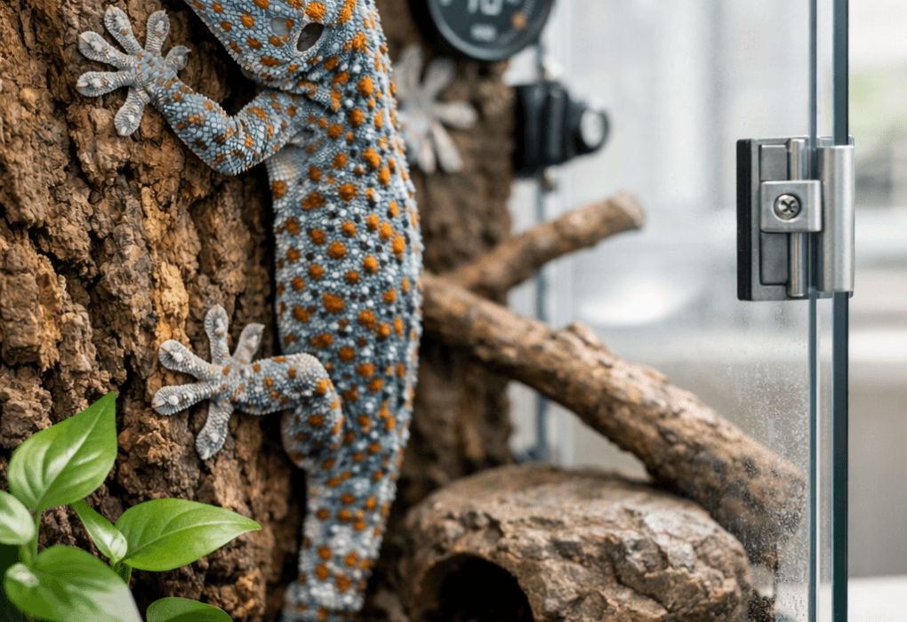 Tokay gecko gripping cork bark in a secure bioactive terrarium with plants, water bowl, and climbing branches