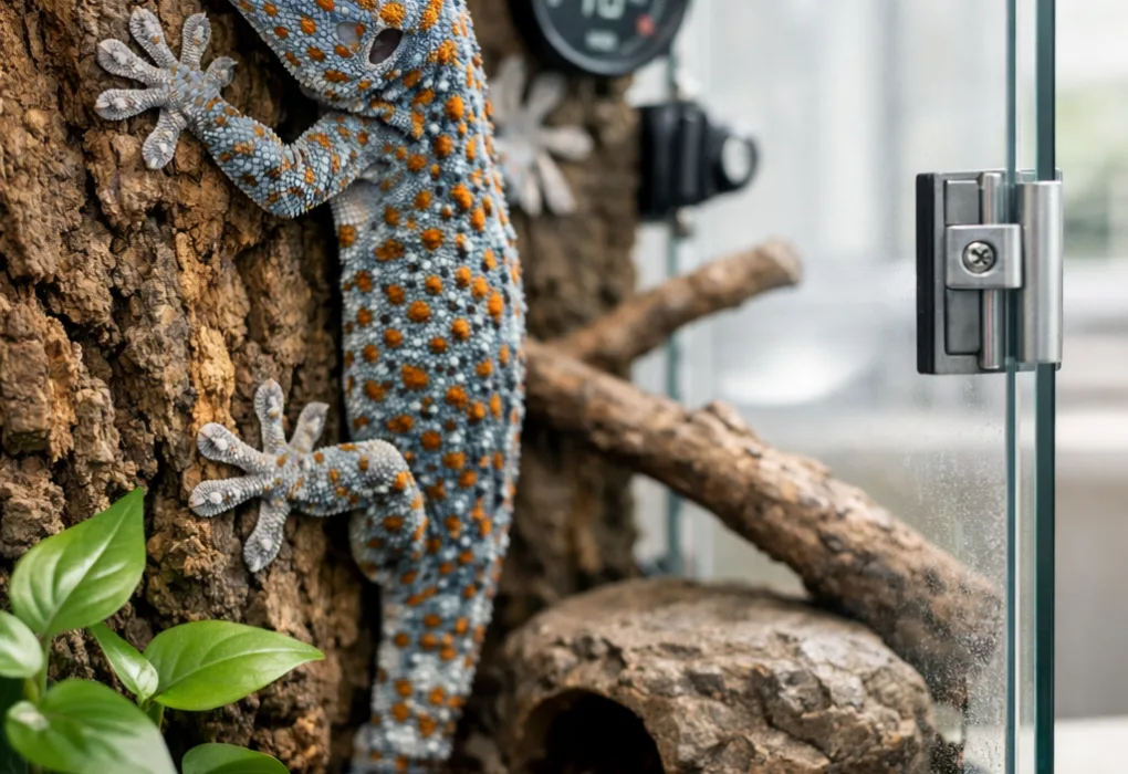 Tokay gecko gripping cork bark in a secure bioactive terrarium with plants, water bowl, and climbing branches