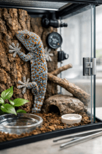 Tokay gecko gripping cork bark in a secure bioactive terrarium with plants, water bowl, and climbing branches