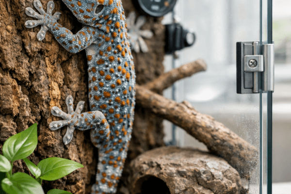 Tokay gecko gripping cork bark in a secure bioactive terrarium with plants, water bowl, and climbing branches