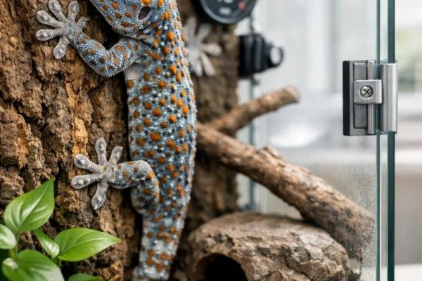 Tokay gecko gripping cork bark in a secure bioactive terrarium with plants, water bowl, and climbing branches