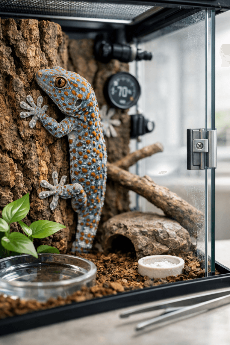 Tokay gecko gripping cork bark in a secure bioactive terrarium with plants, water bowl, and climbing branches