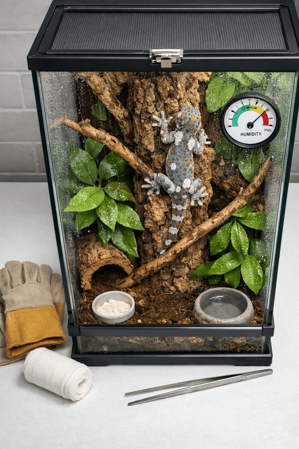 Tokay gecko clings to bark in a humid glass terrarium with dishes, plants, and care tools nearby.