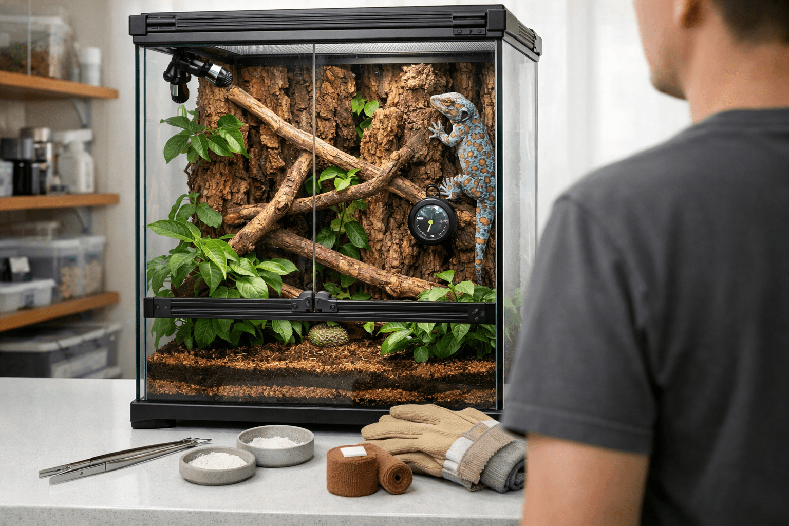 Tokay gecko clings to glass in a clean bioactive terrarium with branches, plants, and care tools nearby.