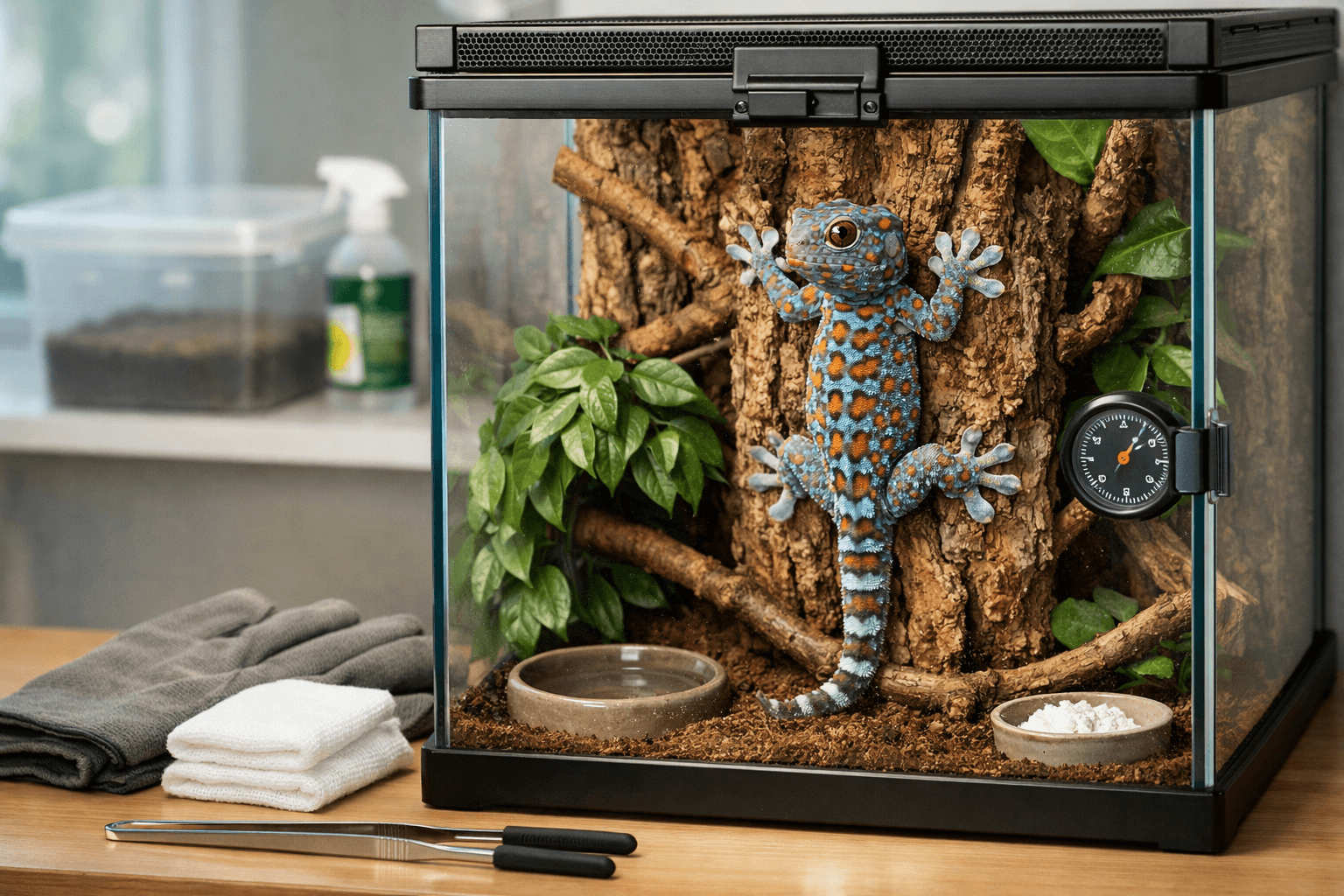 Tokay gecko on glass in a clean terrarium with bark, plants, water bowl, and care tools nearby.