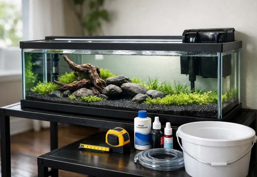 20 gallon long fish tank on black stand with aquascape, filter, heater, and aquarium tools on a bucket