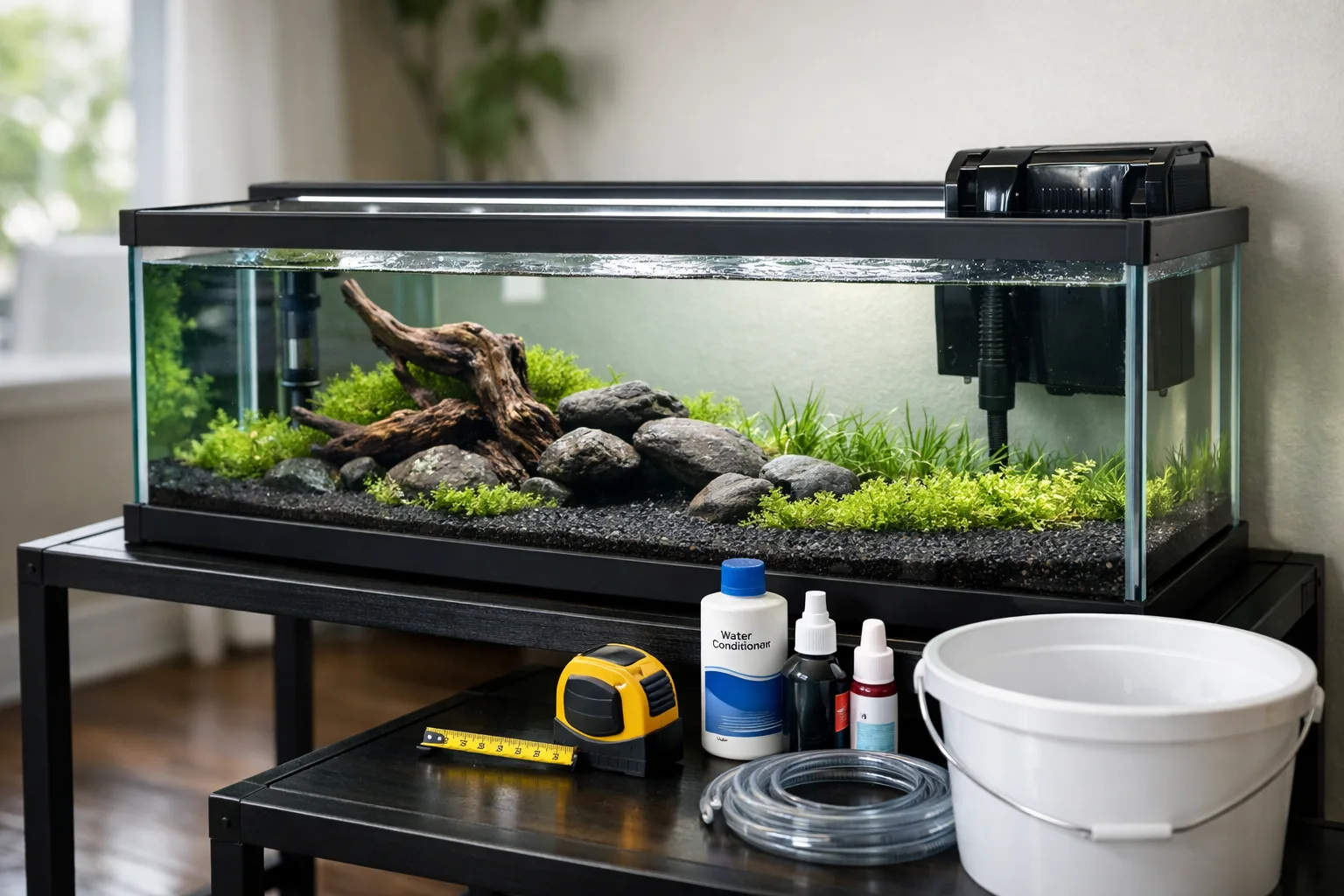 20 gallon long fish tank on black stand with aquascape, filter, heater, and aquarium tools on a bucket