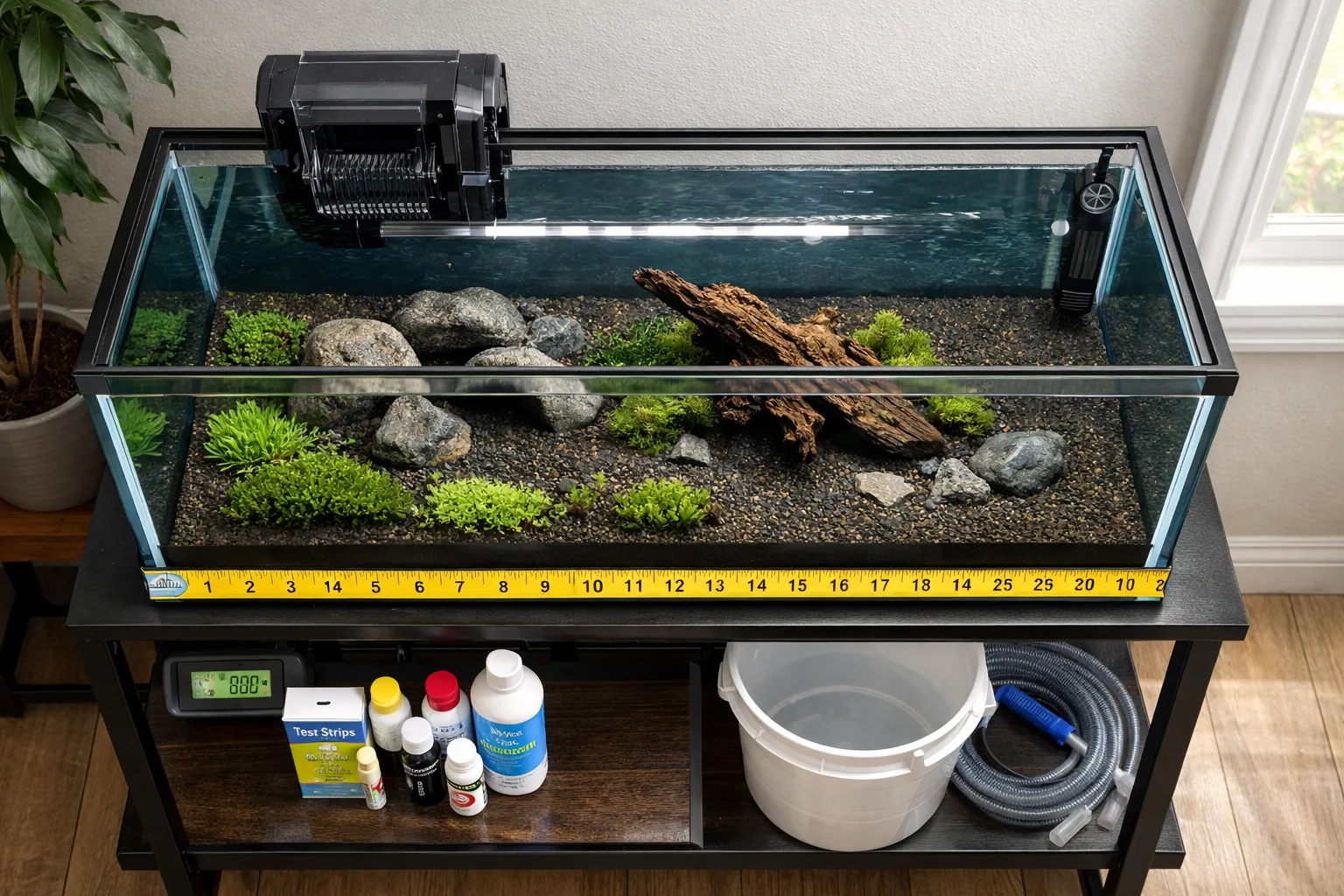 Overhead view of a 20 gallon long fish tank with water, rocks, driftwood, plants, and setup tools on a stand.