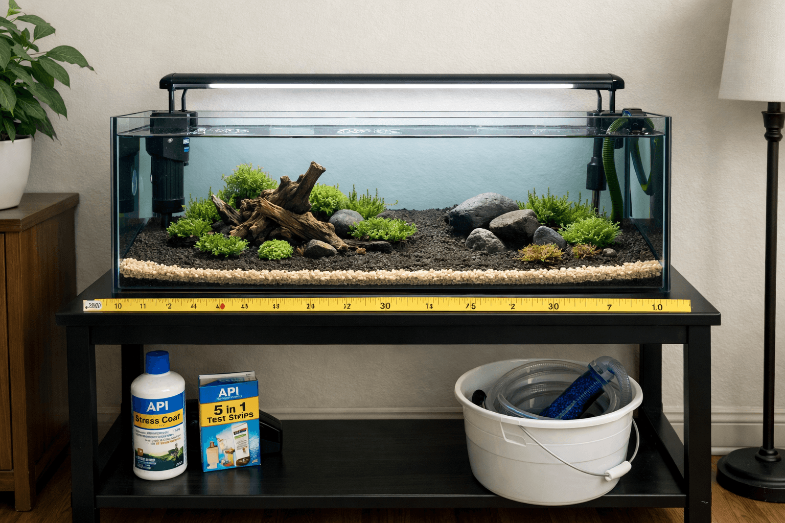 20 gallon long fish tank on black stand with planted aquascape, light, and aquarium supplies nearby