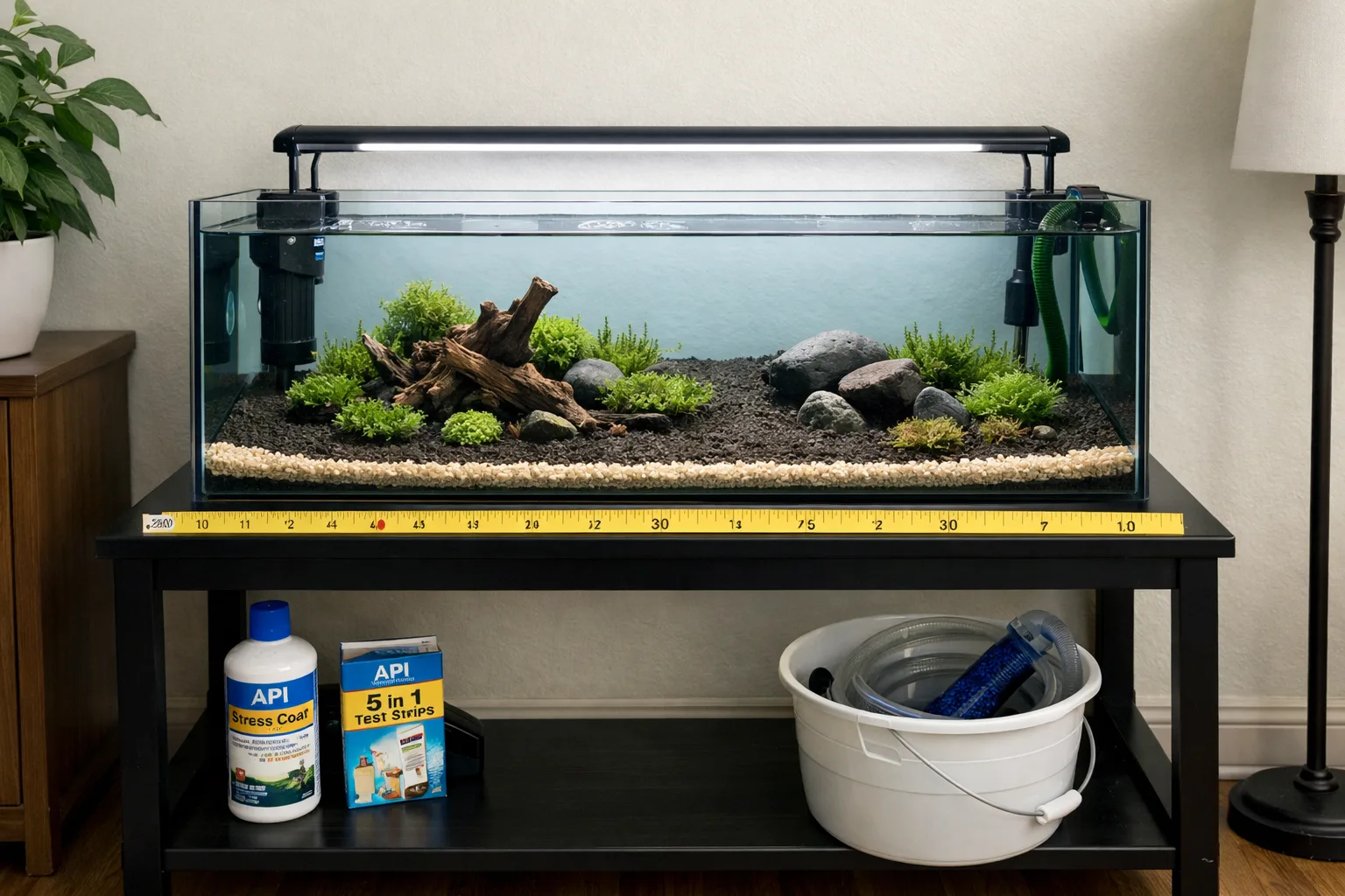 20 gallon long fish tank on black stand with planted aquascape, light, and aquarium supplies nearby